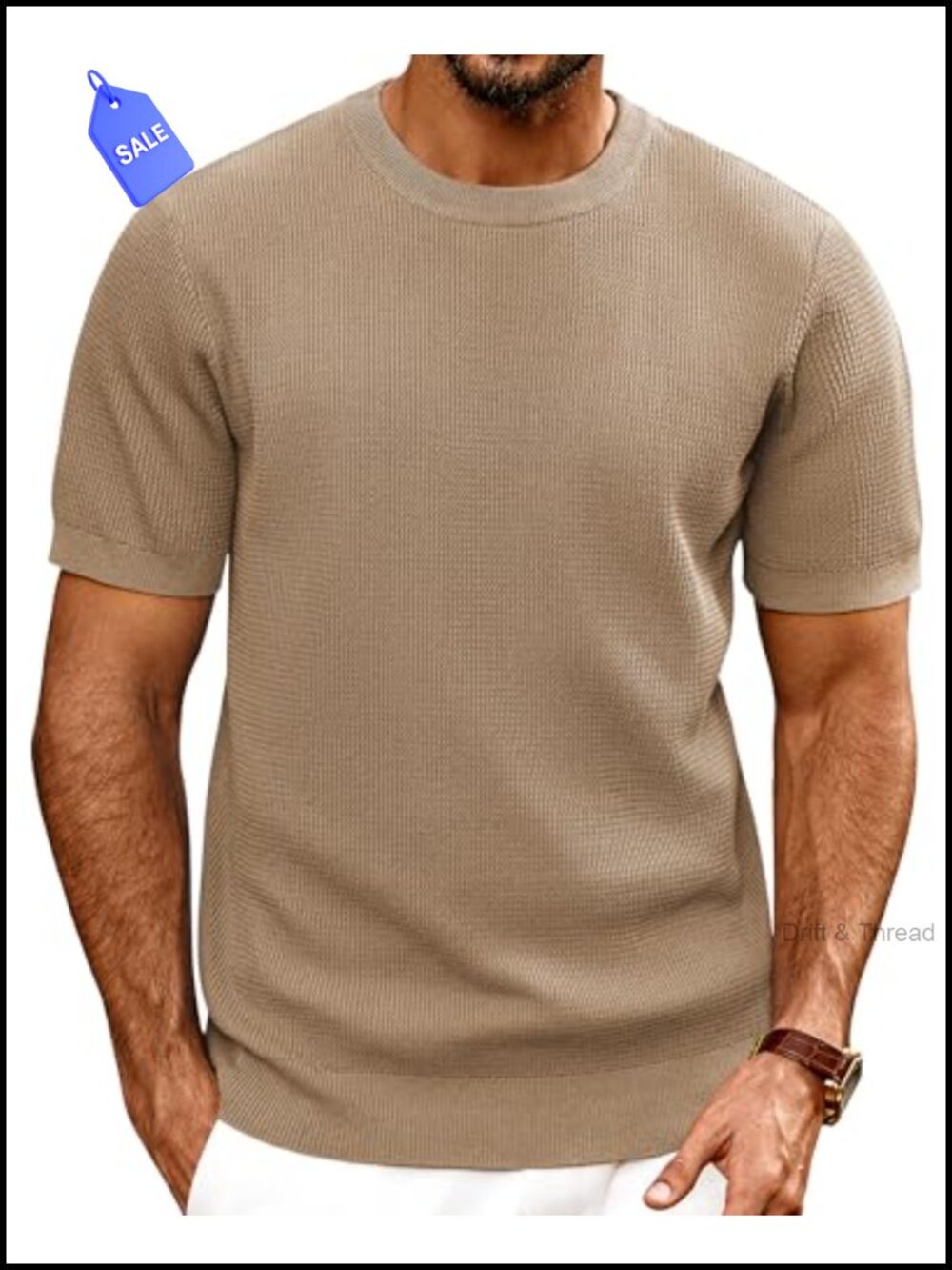 Mens Textured Knit Crewneck T-Shirt Short Sleeve Business Casual